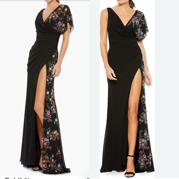 Ieena Mac Duggal Sz 4 Gown faux wrap multi floral beaded black dress #26530 - Picture 1 of 14